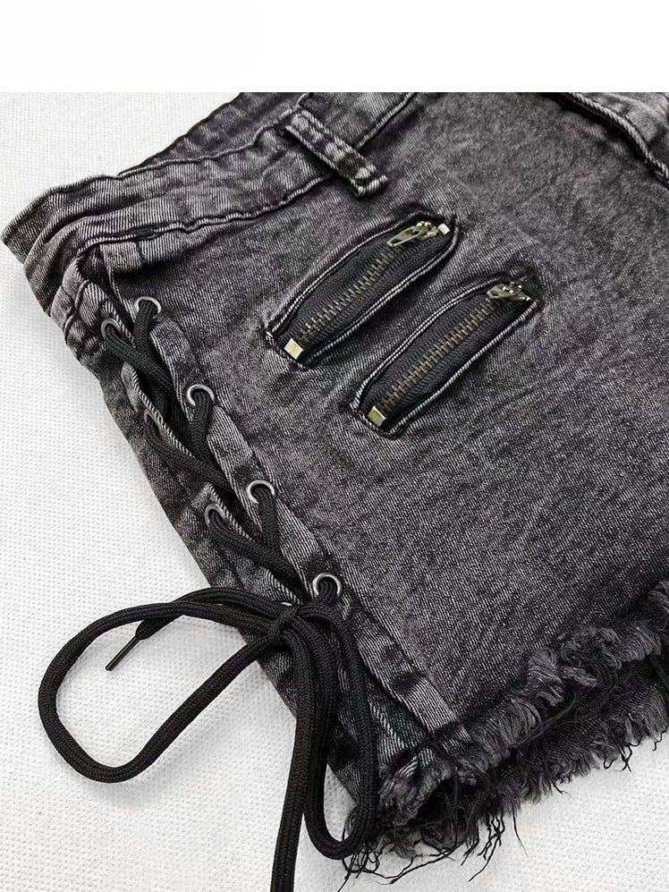 Lace-up Glamorous Black Detail Shorts Denim Bittersweet Hem Raw