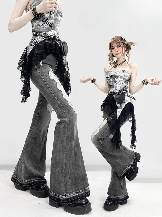 Bittersüße graue Distressed Details Flare Jeans Löcher Silhouette