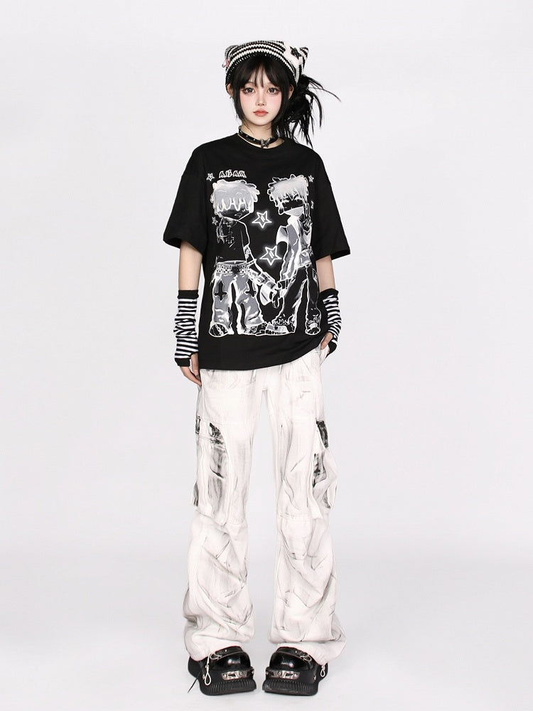 Loose-Fit Anime Character Graphic Tee - Flattering and Stylish White/Black/Pink