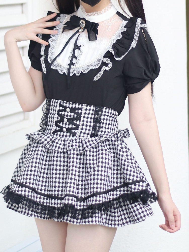 / Lace Trim with Bead Details White Plaid Blouse Jirai Kei Illusion Neckline Black