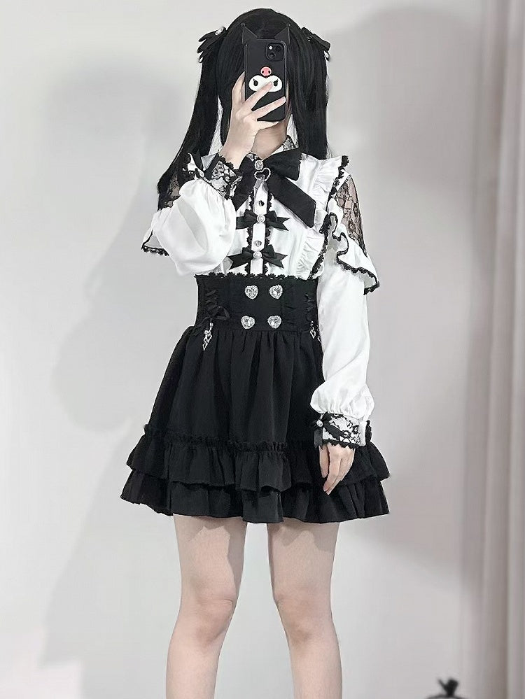 White Trim Jirai Rhinestone Details Kei Bowknot And Blouse Decorated Beaded Ruffles