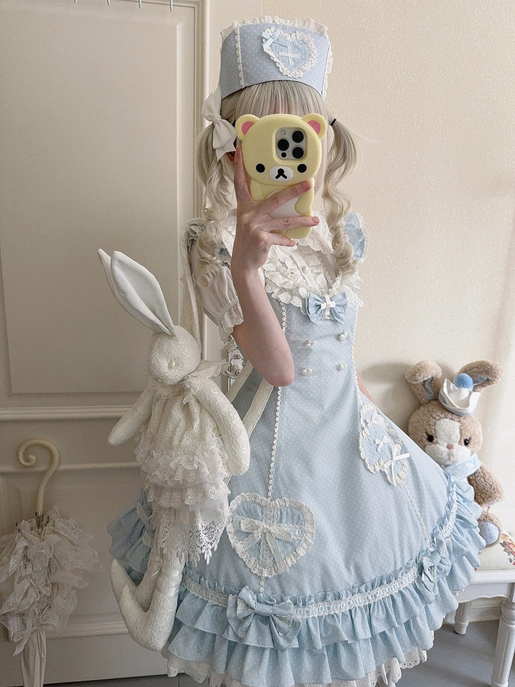 Layered Pattern Ruffle Nurse Hemline Blue Dress Polka-dot Lolita