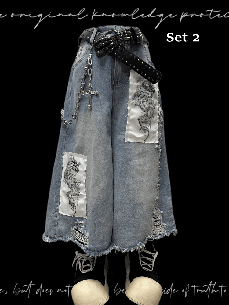 Blaue Jeans mit weitem Bein, Drachen-Applikation, ungesäumter Saum, abgenutzte Löcher, leicht