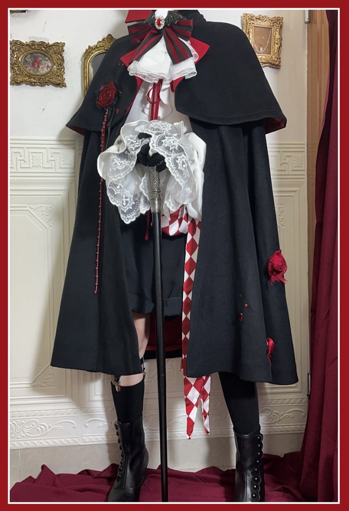 黒と赤の吸血鬼王子ロリータドラキュラ衣装シャツ+ショートパンツ+マントゴシックロリータフルセット