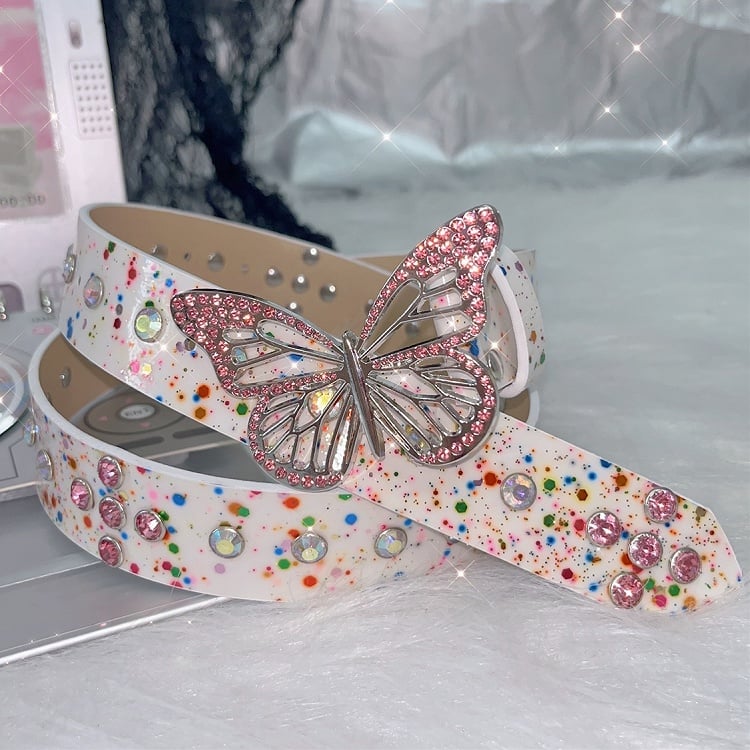 Belt Rhinestone White/Colorful Design Butterfly Decorated Waist