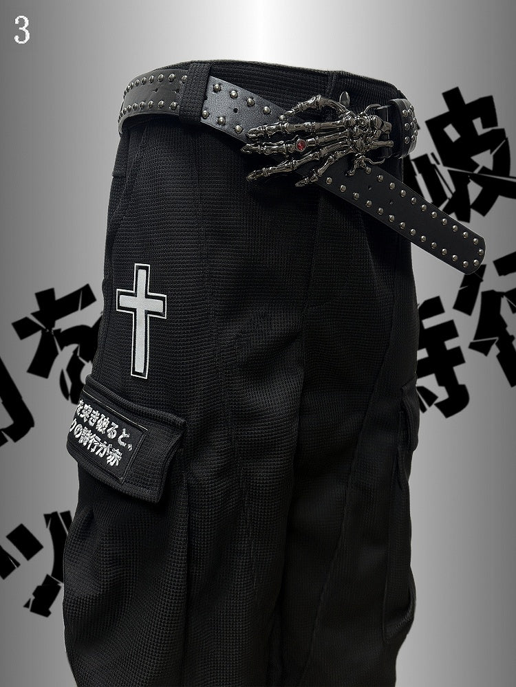 Applikation Schwarz Punk Weites Bein Cargo Kreuz Verziert Rock Taschen Hose Brief Und