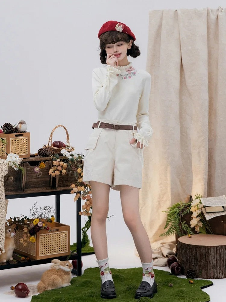 Neckline Lace-up Cuffs Autumn Strawberry Embroidery Top Knit Beige