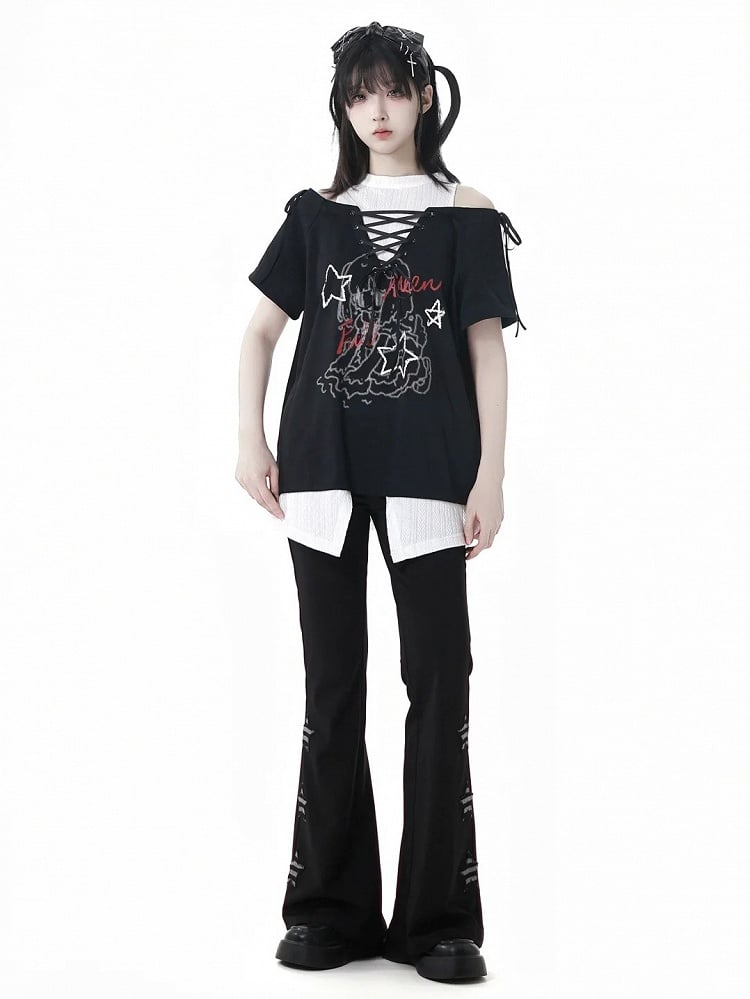 Graphic T-Shirt Neckline Faux Two-pieces Green/Black Cutout Shoulder Lace-up
