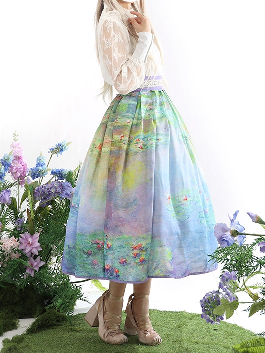 and Water Purple Lily Oil Painting Print Gray Waist Skirt Version Long/Short High