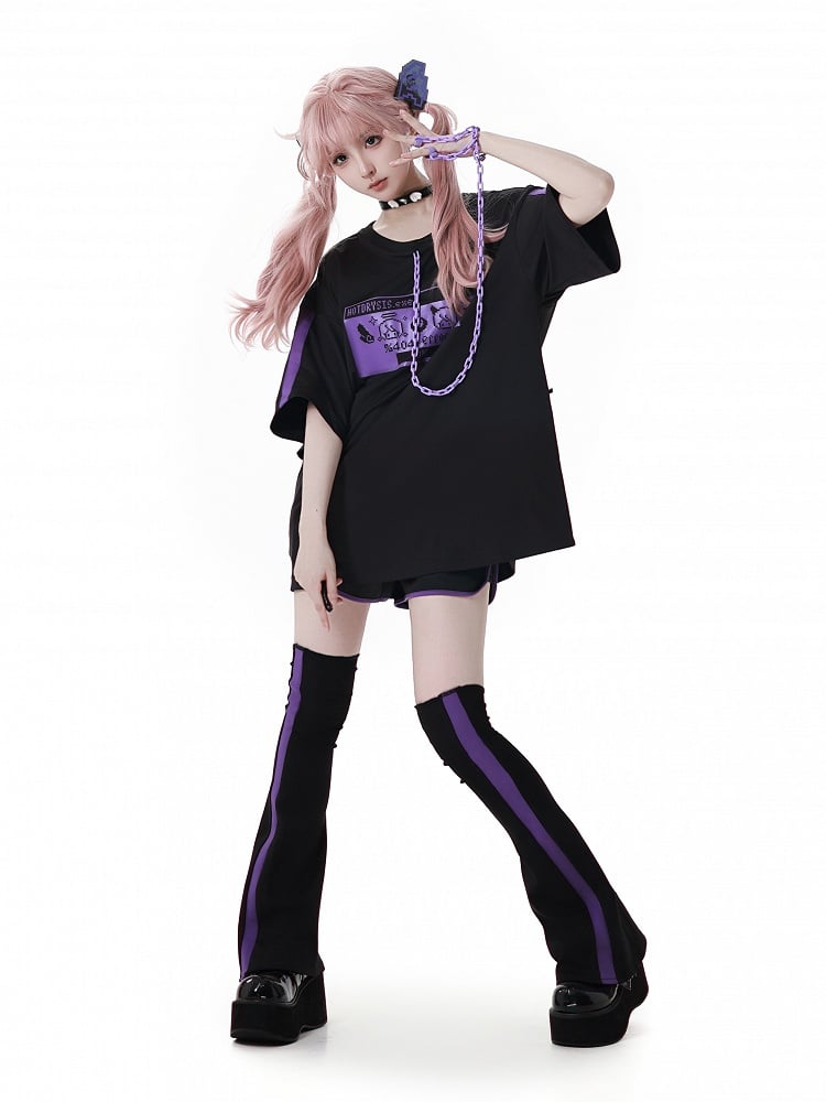 and Purple Elastic Waist Sports Shorts Black