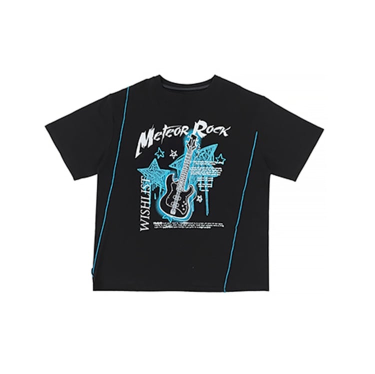 Schwarzes Punk-T-Shirt mit Gitarren- und Sternendruck