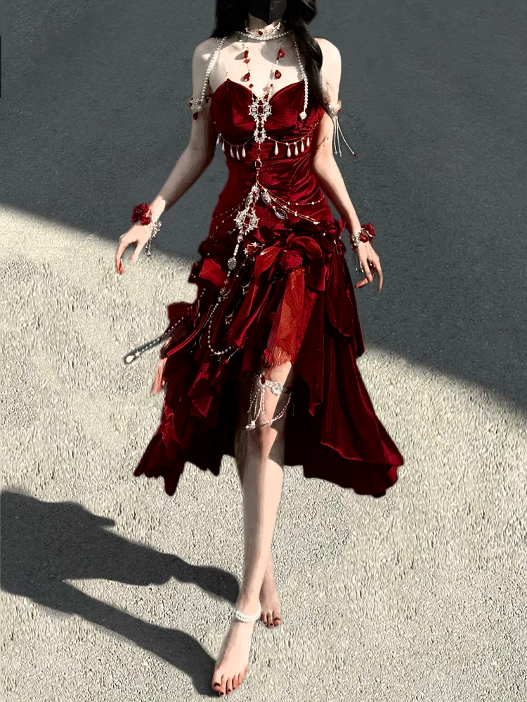Robe de soirée sirène dos nu en velours rouge/noir