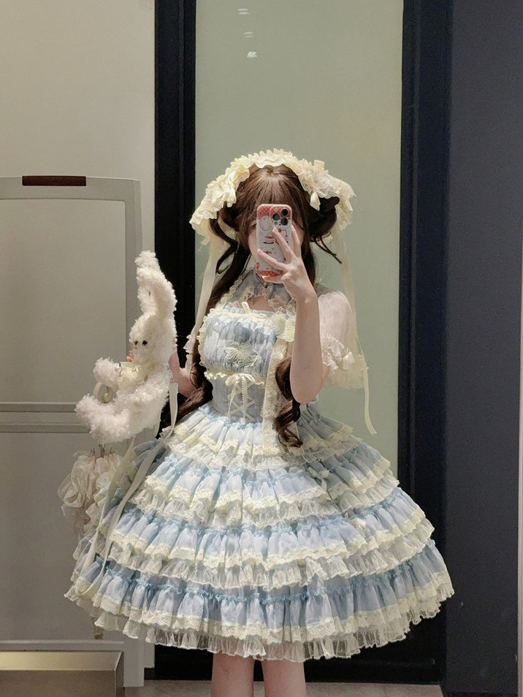 Lace with Lolita Details Embroidery and Tiered Goldfish Dress Sweet Ruffles Blue