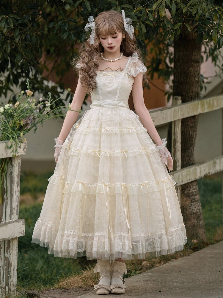 Beads Bow Creamy Princess Accents White Neckline Ribbon Dress Lolita