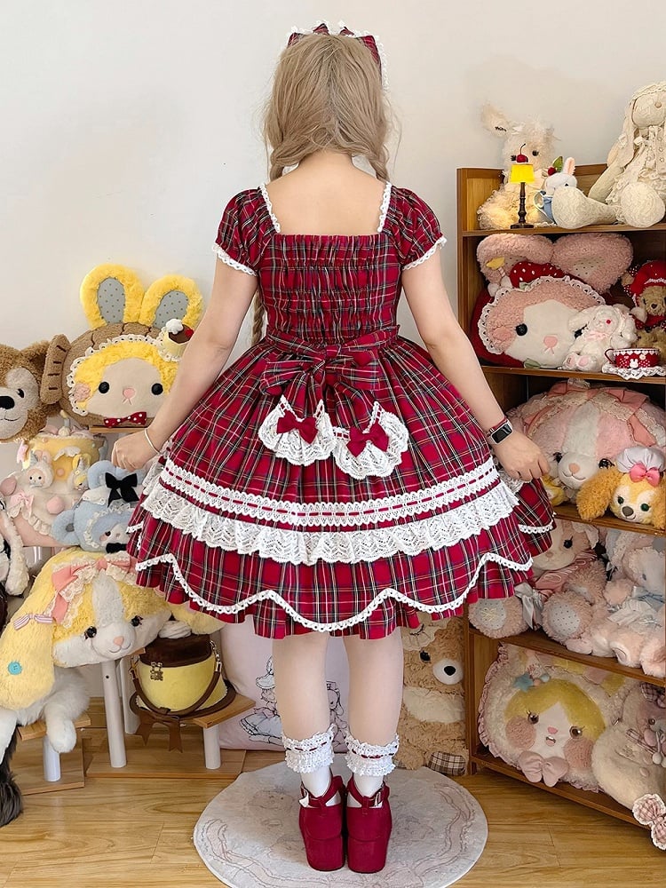 mit Lolita-Scalloped und Puff Trim Schleife Akzente süße Plaid Rand Ärmel rot