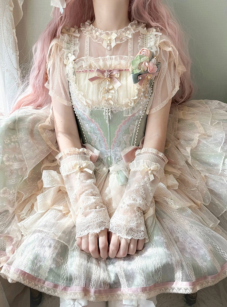 Corset with Pink Two Green Bows Boned Bead Top Details and