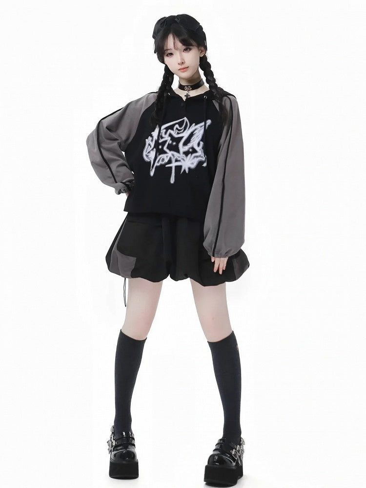 Hoodie Print Gray Colorblock Design and Star Loose Black