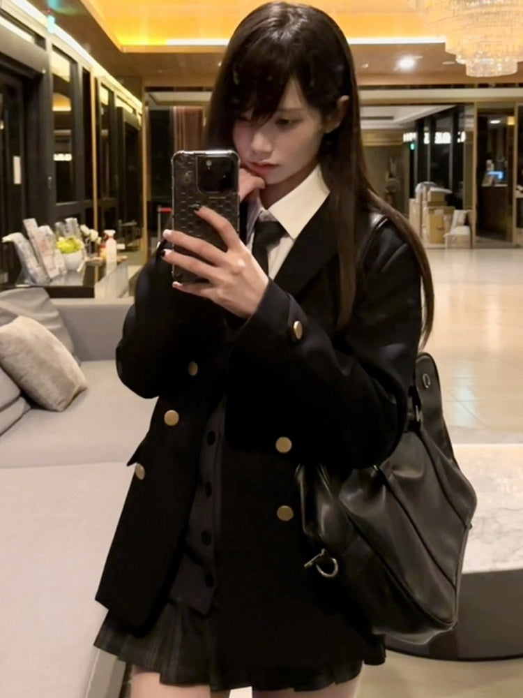 JK Dekoriert Blazer Blau Preppy Stil Abzeichen Uniform Dunkel