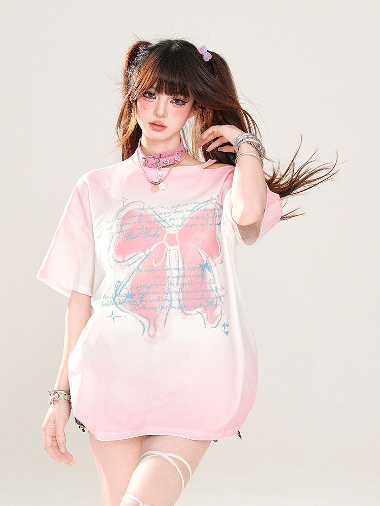Butterfly Rose Pink/Pink/Gray Loose Shoulder T-Shirt Print Ombre Cutout