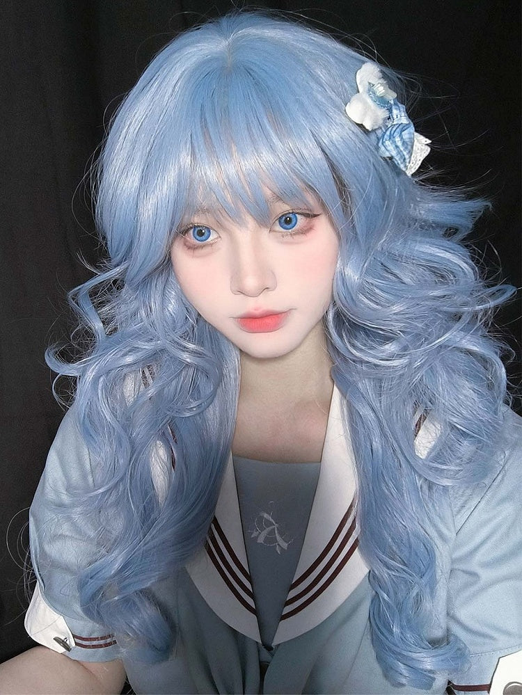 With Air Wig 70CM Length Bangs Wavy Blue
