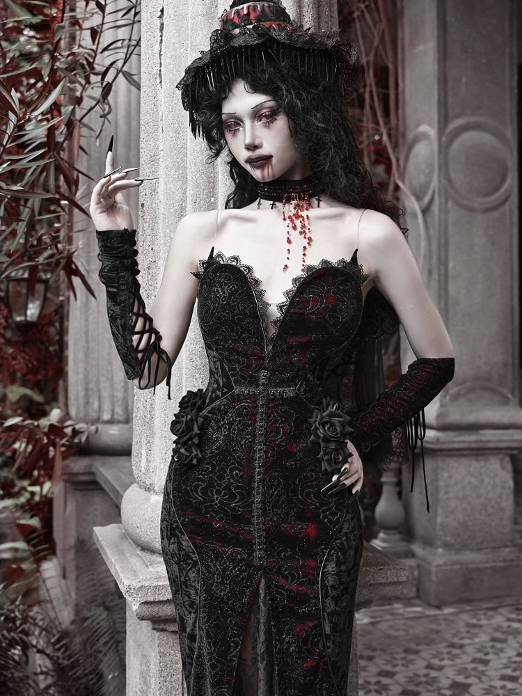 and Lace-up Black Red Sleeves Goth Adjuatable