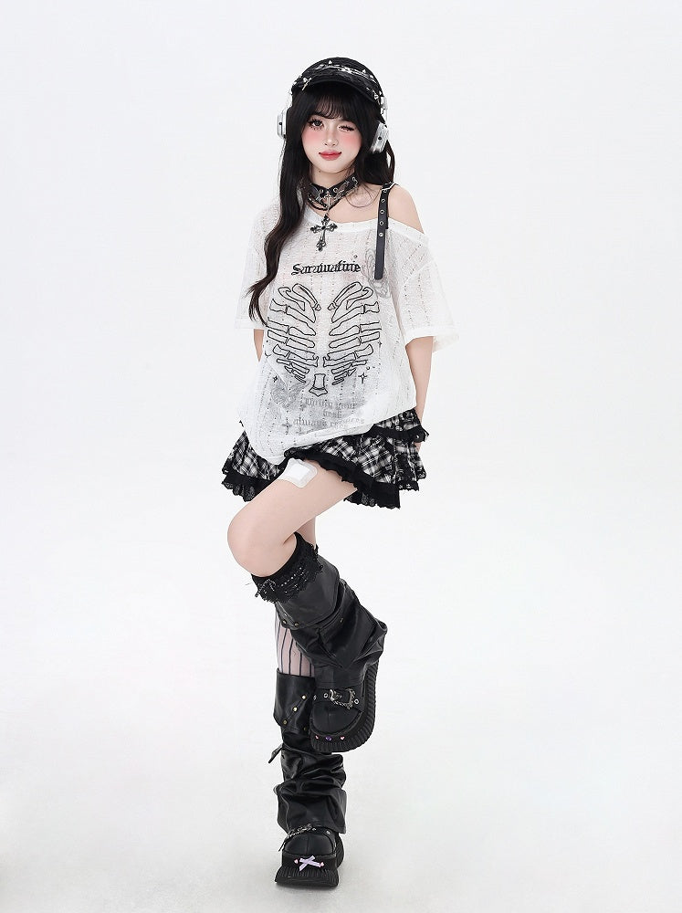 Y2K Asymmetrical Neckline Skeleton Heart Print Black/Gray/White T-Shirt