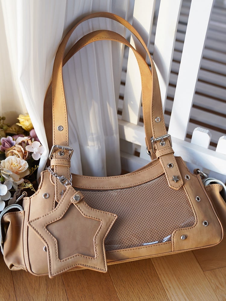 Star Brown Y2K Charm PU Bag With Light Shoulder Ita