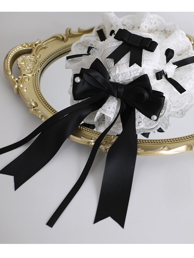 Lolita Bowknot Perlen Spitze Süß Verziert Mini Details Schwarz Weiß Trim Hut