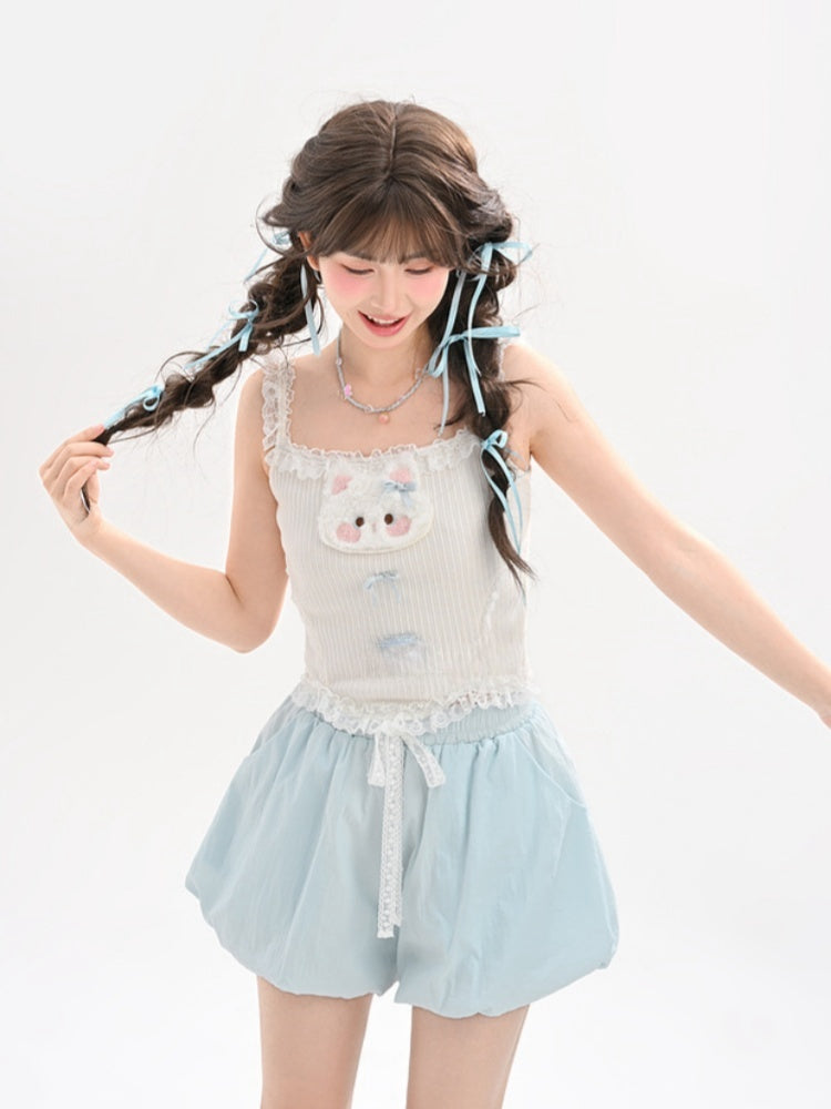 Bowknot Details Cami Top Plush Kitty Applique Ruffled Lace Trim White