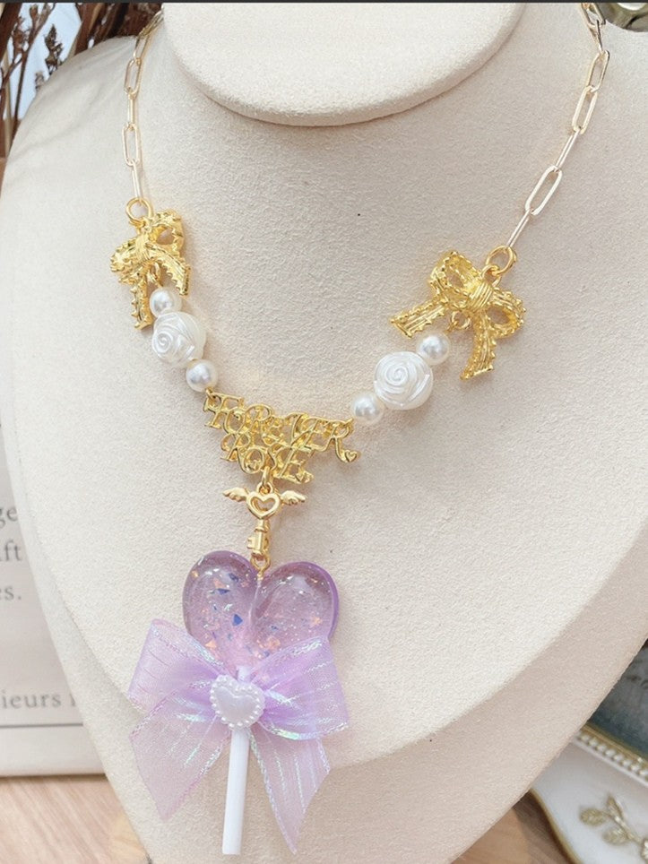 Necklace Bowknot Decorated Pendant Yellow/Pink/Purple Lollipop Beaded And