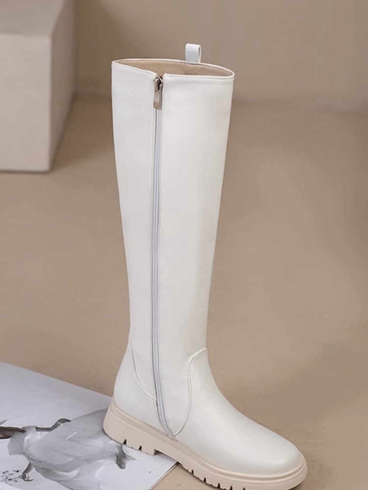 Verschluss: Weiße kniehohe Stiefel mit Reißverschluss, normale/dicke PU-Version, Lederinnenseite mit -