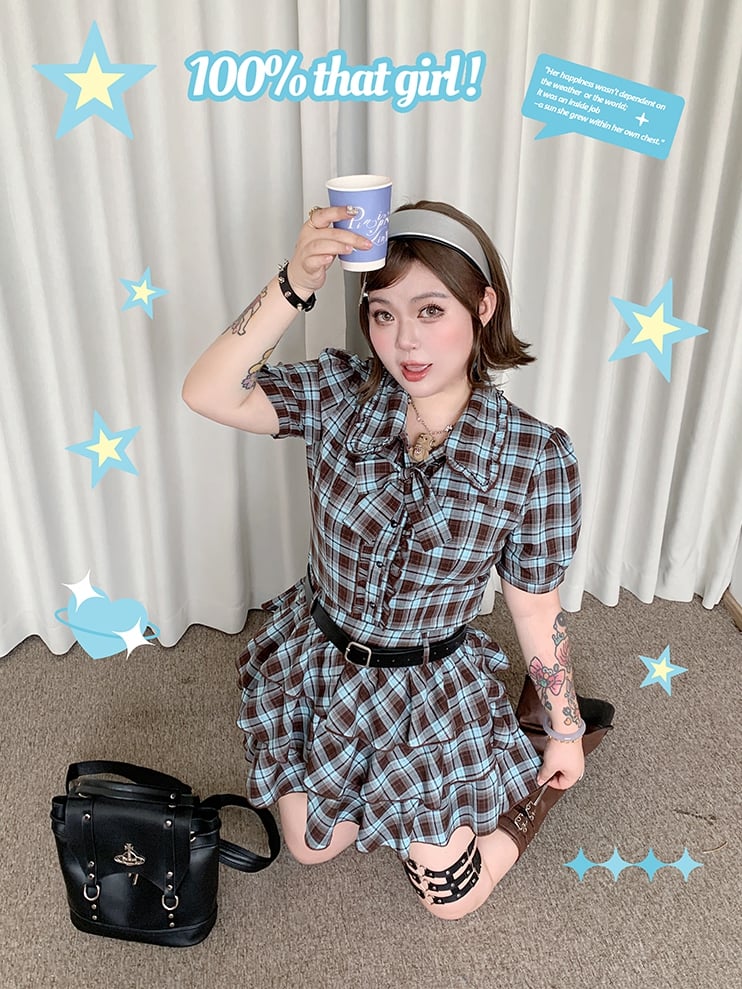 Plus Size Tiered Blue and Brown Plaid Blouse Preppy Style Sleeves Short Skirt /
