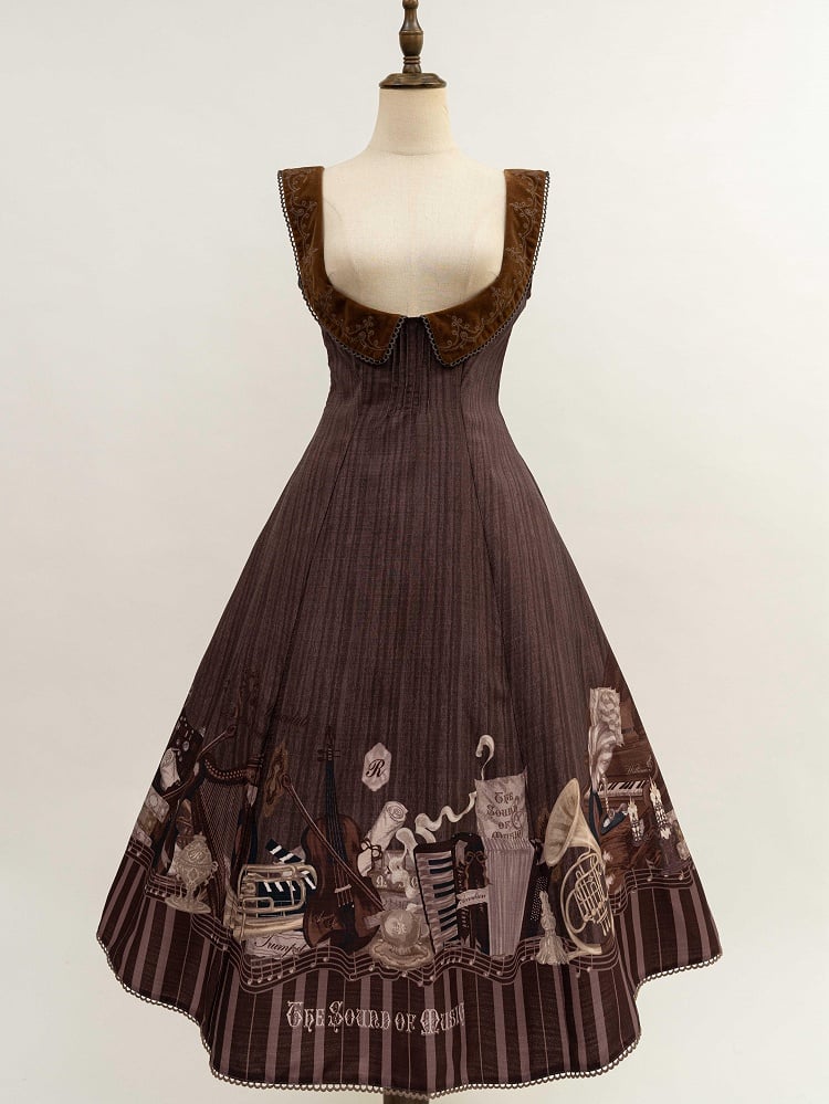 Braunes, elegantes Lolita-Kleid mit Violinen- und Klavier-Print unter der Brust
