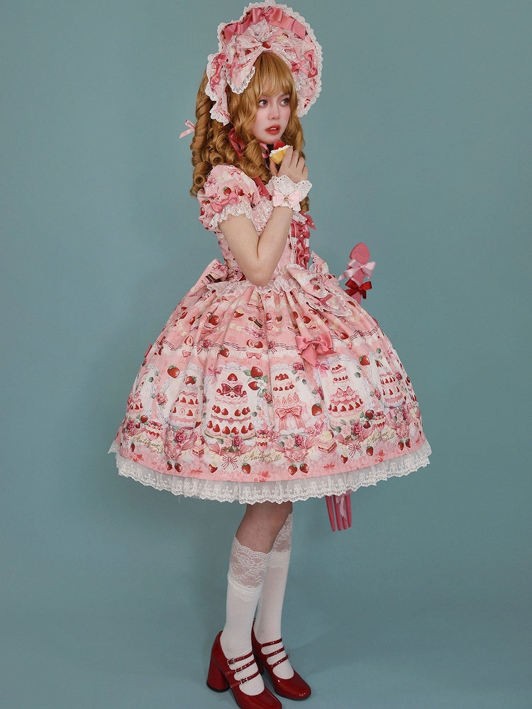 Dress Bow / Print Strawberry Lolita Full Cake Accents Sweet Pink Set