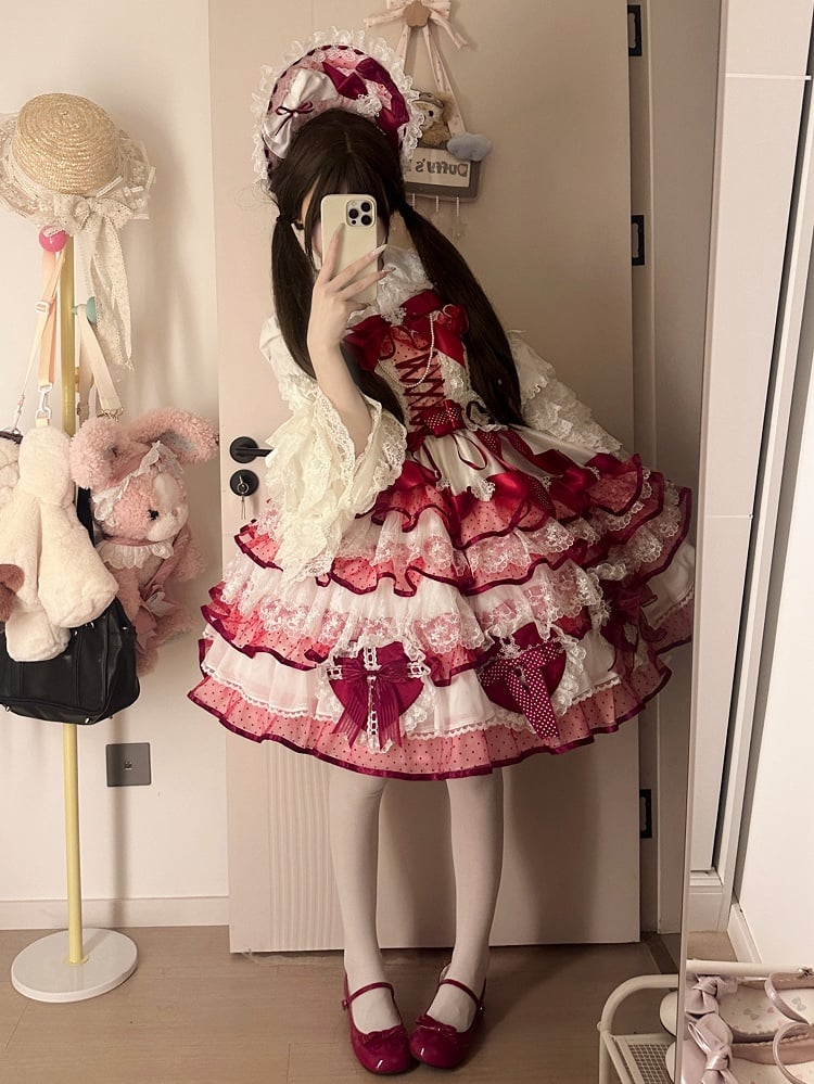 Dress Lolita Heart-shaped Layered Hanayome White and Princess Bows Skirt Jumper Red Decoration