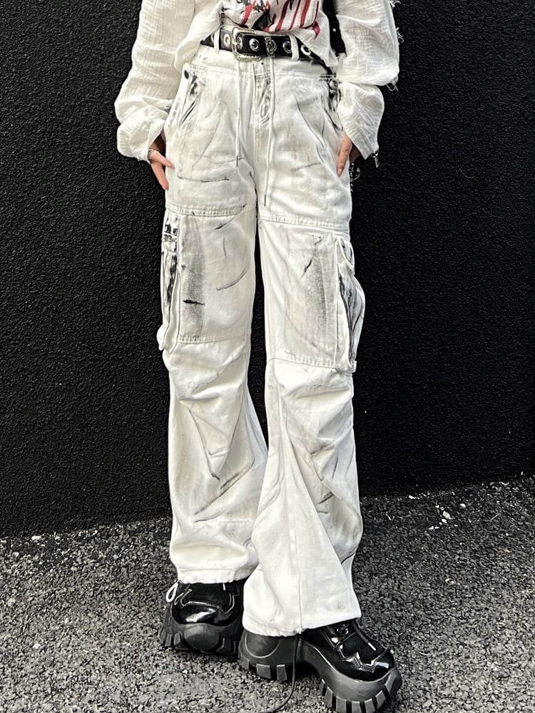 Vintage White Splatter Tie-Dye Loose Fit Cargo Jeans with Drawstring Waist