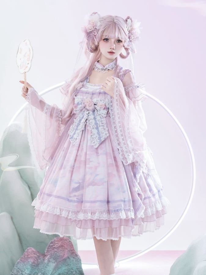 Han Bow Lolita Piece Long Pink-Purple Semi-sheer Print Sleeves Big Dress Whale Wide One