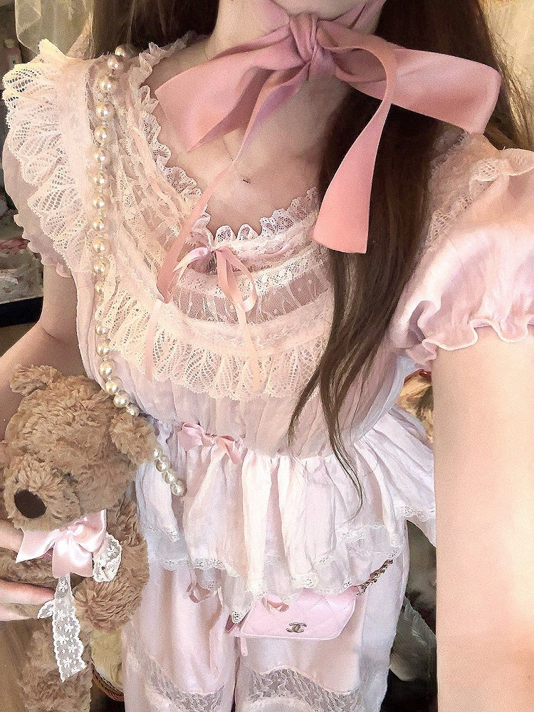 Lace Trim Hem With Peplum Top Puff Pink Sleeves