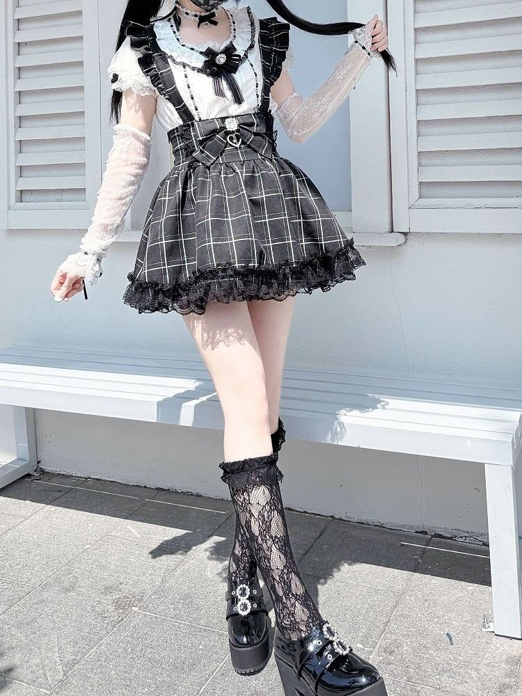 Detachable Kei Skirt Shoulder High Straps / Plaid Jirai Overall Black Waist with