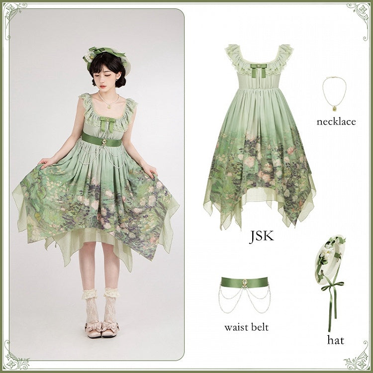 Hem JSK Set Painting Waist Print Handkerchief Lolita Roses Green Empire Oil