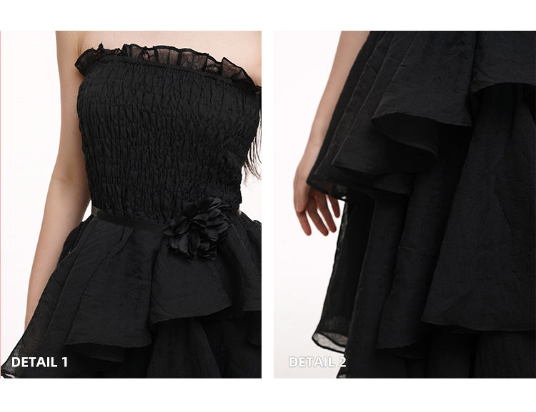 Waist Mesh Black High Prom Gown Dress Tiered Skirt