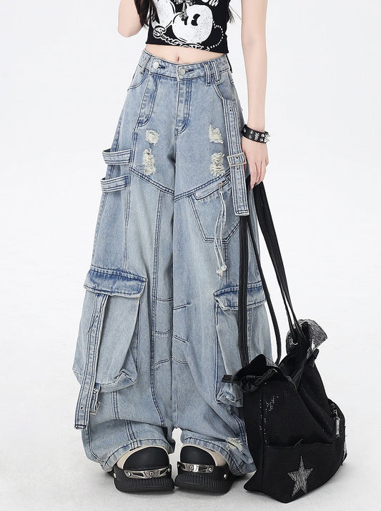 Rise Distressed Holes Jeans Blue Wide-leg Cargo Low
