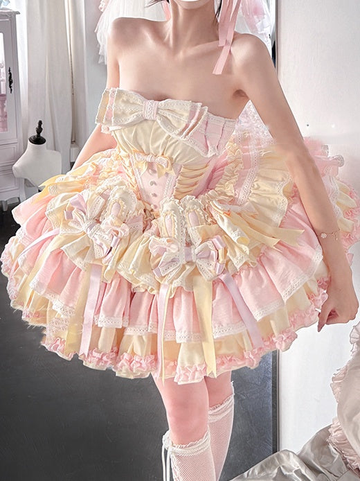 and Boned Ear Bowknot Waist Basque with Pink Skirt Dress Bunny Puffy on Sweet Yellow Design