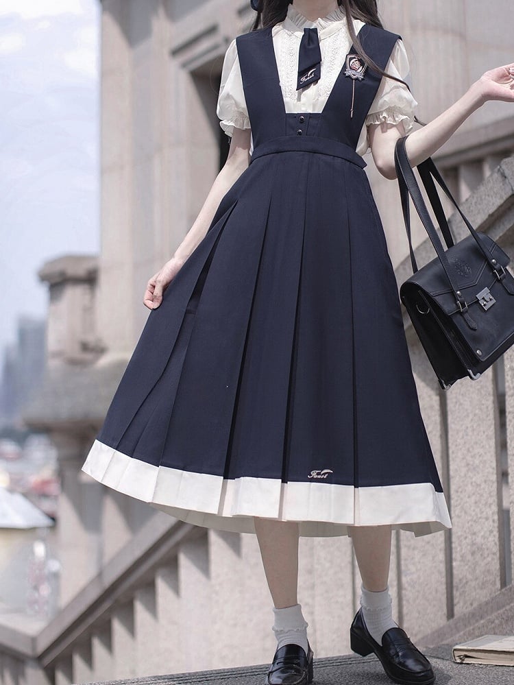 Overalls Box Embroidery Skirt Blue Letters with Pleat Dark