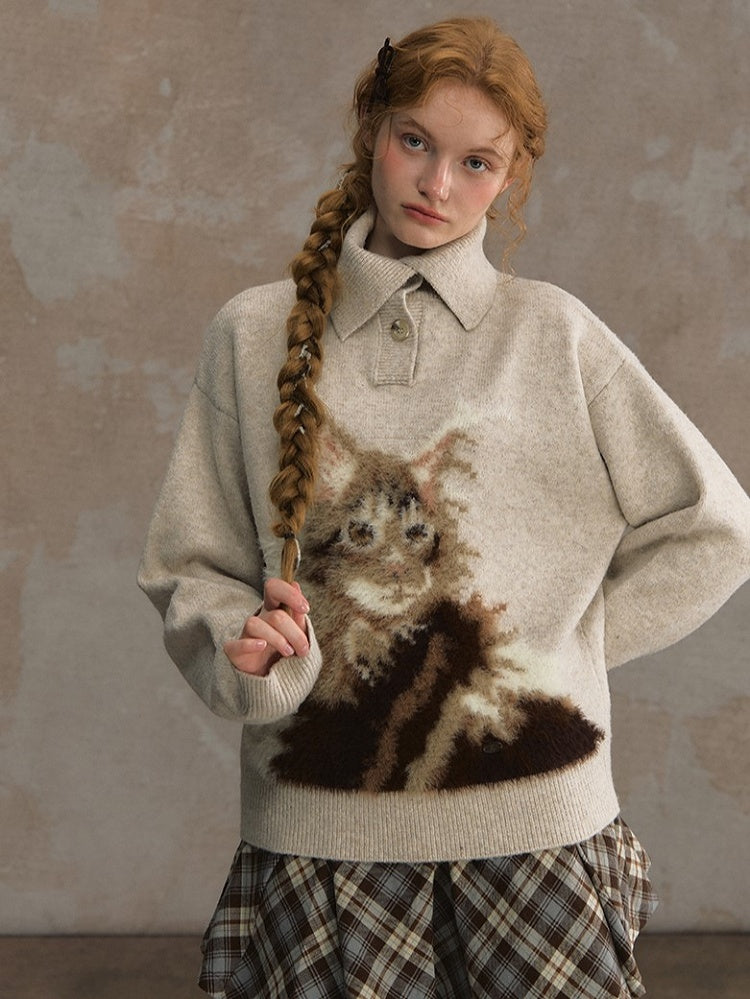 Beige/Brown Cozy Loose-Fit Pullover Sweater with Cat Design and Convertible Collar