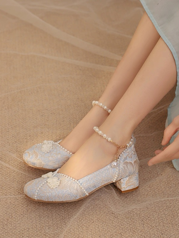 Button - Details Satin Beads Accent Lolita Qi Mid Blue Heels Frog