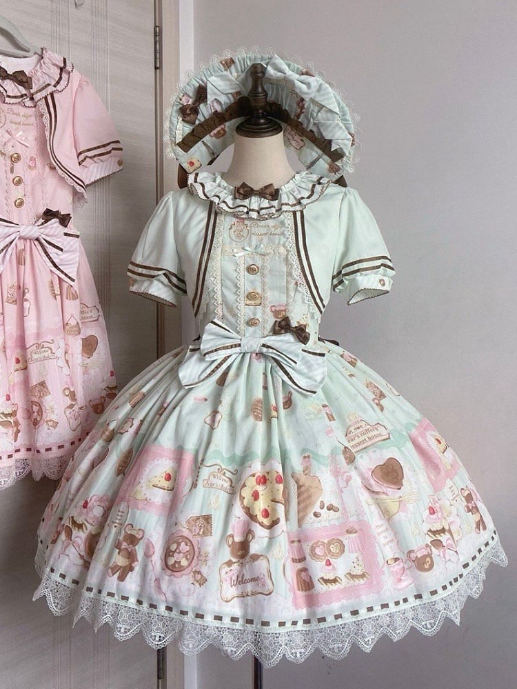 Green Sweet Mint Lolita Theme Desserts Two-pieces Print Dress Fake Design Bear
