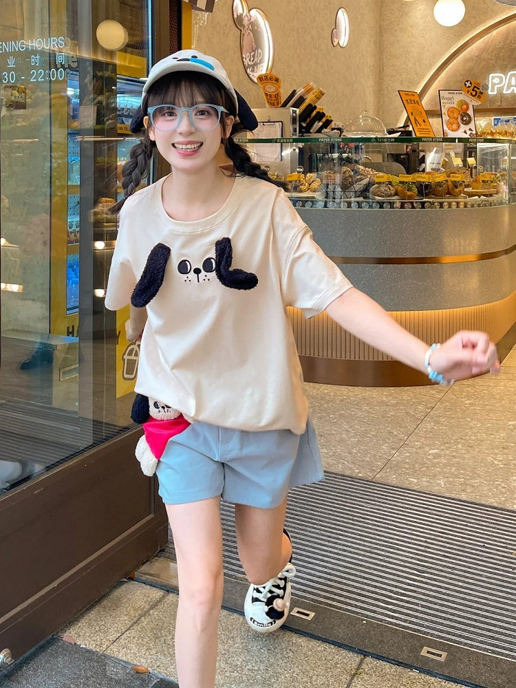 Waist Plush Puppy Applique Light Blue High Straight-leg Shorts