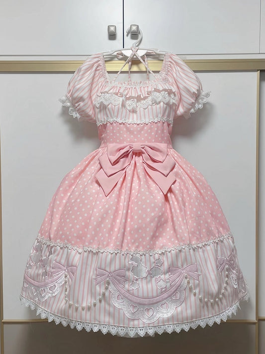 Print Polka Short Pattern Dots Poodle Pink Striped Lolita Sleeves with Dress Bow and Patch
