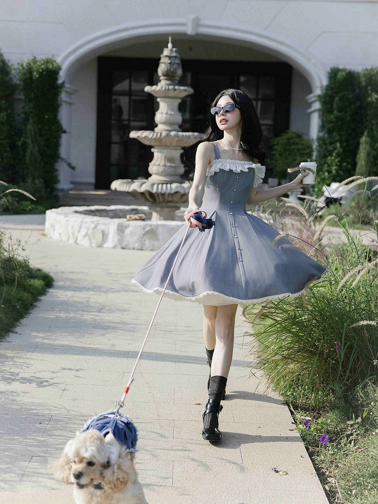 Fit Fashion Waist Lolita Gray Dress Elegant Slim